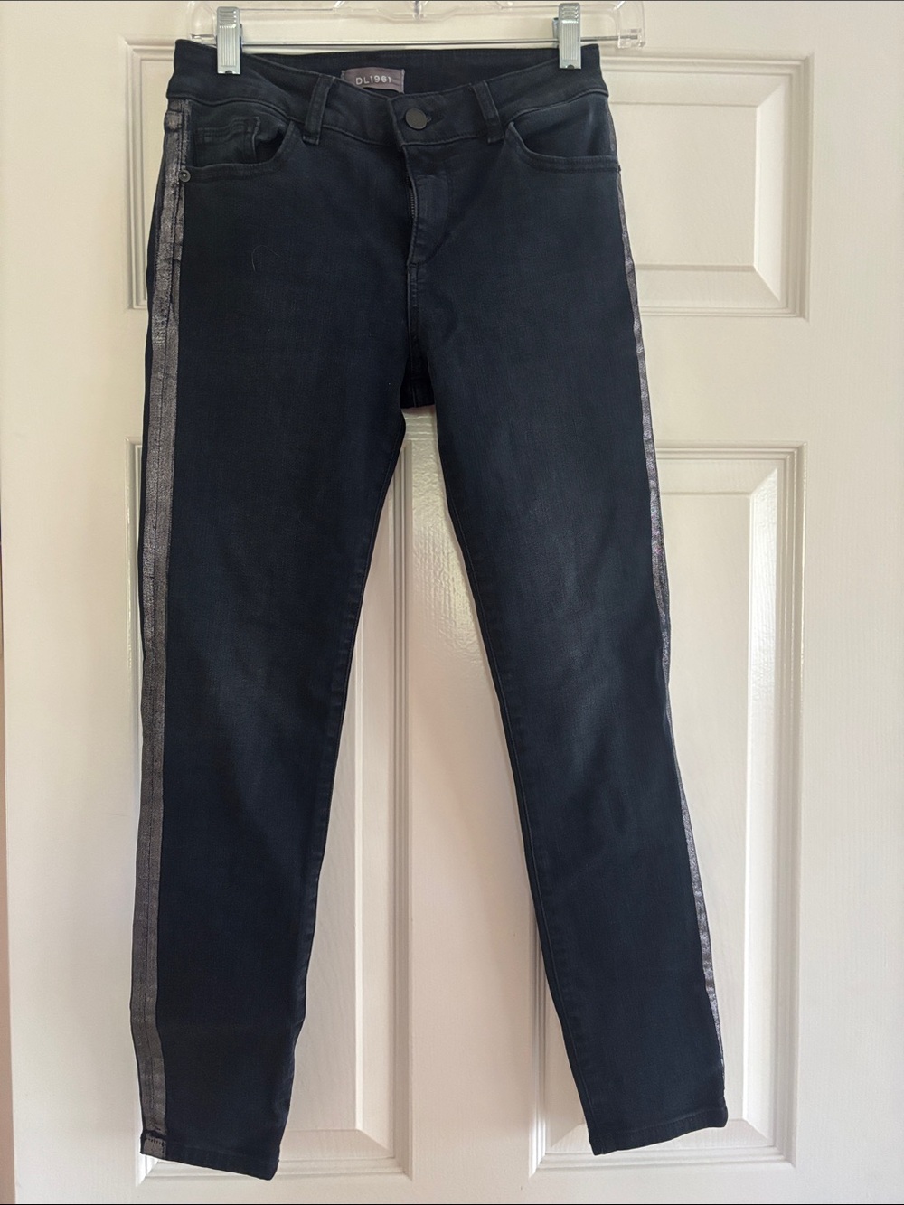 DL1961 Black Skinny Jeans with Silver-ish Side Stripe